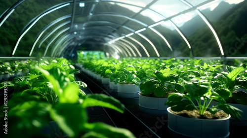 A lush greenhouse filled with rows of vibrant green plants under a curved transparent structure, showcasing modern agricultural techniques. photo