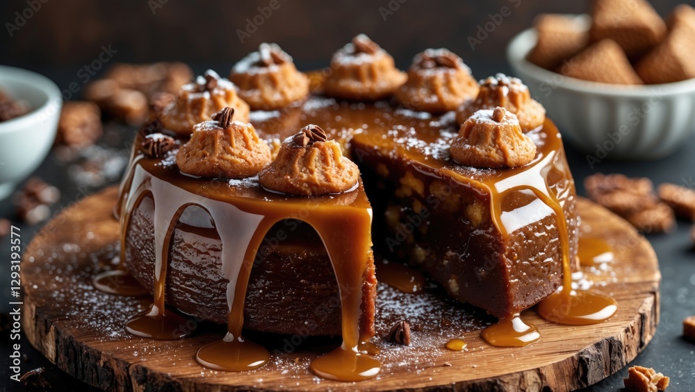 Delicious Sticky Toffee Pudding with Caramel Drizzle and Garnish on Rustic Wooden Board with Space for Text Overlay Delicious Sticky Toffee Pudding with Caramel Drizzle and Garnish on Rustic Wooden Board with Space for Text Overlay
