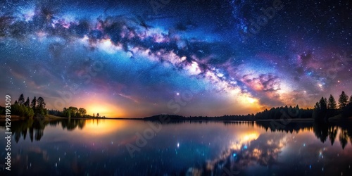 A serene lake surface reflecting a vibrant night sky with twinkling stars and a swirling Milky Way above, milky way, starry night