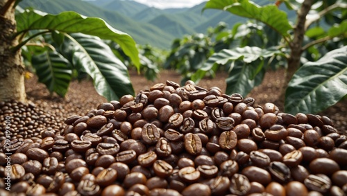 Freshly harvested coffee beans on a plantation with lush green foliage and mountains in the background showcasing agricultural richness.