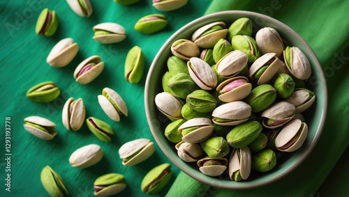 Wallpaper Mural Bowl of vibrant pistachio nuts on a green tablecloth with scattered shells and kernels creating a colorful nut-themed composition Torontodigital.ca