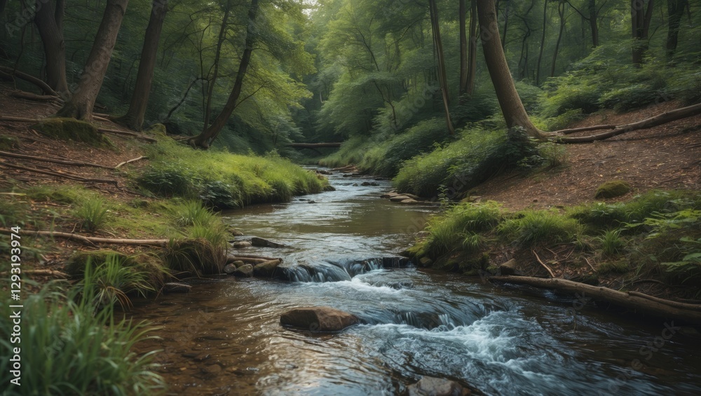 Tranquil Forest Stream Surrounded by Lush Greenery and Natural Beauty in a Serene Woodland Setting Tranquil Forest Stream Surrounded by Lush Greenery and Natural Beauty in a Serene Woodland Setting