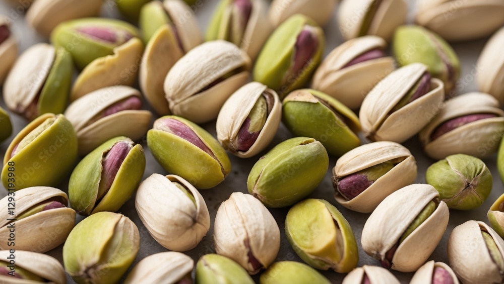 Close-up of pistachio nuts showcasing their vibrant colors and textures on a neutral surface for food and snack-related themes Close-up of pistachio nuts showcasing their vibrant colors and textures on a neutral surface for food and snack-related themes