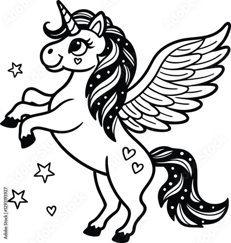 Cute cartoon unicorn Pegasus vector illustration line art silhouette