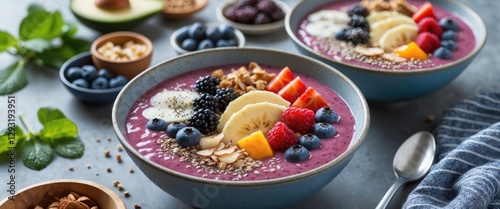 Wallpaper Mural Vibrant smoothie bowls topped with fresh fruits and seeds served in stylish bowls for a nutritious breakfast with space for text. Torontodigital.ca