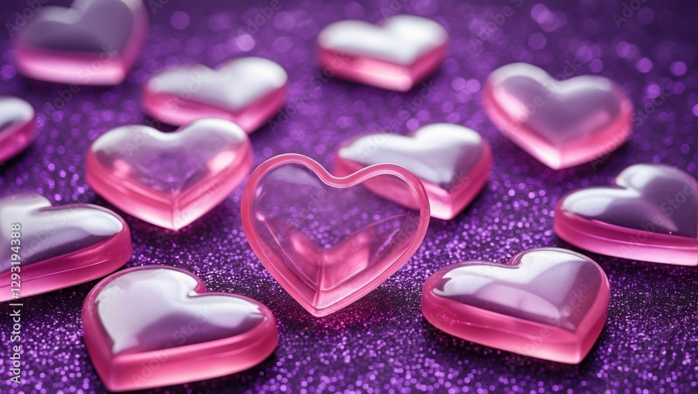 Pink transparent heart shapes scattered on a shimmering purple glitter background, perfect for romantic or whimsical designs. Pink transparent heart shapes scattered on a shimmering purple glitter background, perfect for romantic or whimsical designs.
