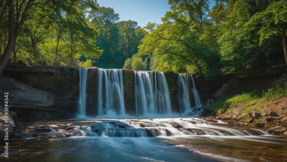 Obraz premium Serene Waterfall Flowing Through Lush Greenery Captured with Long Exposure on a Sunny Summer Day