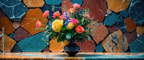 Colorful Floral Arrangement Against a Vibrant Stone Mosaic Background with Distinct Textures and Patterns