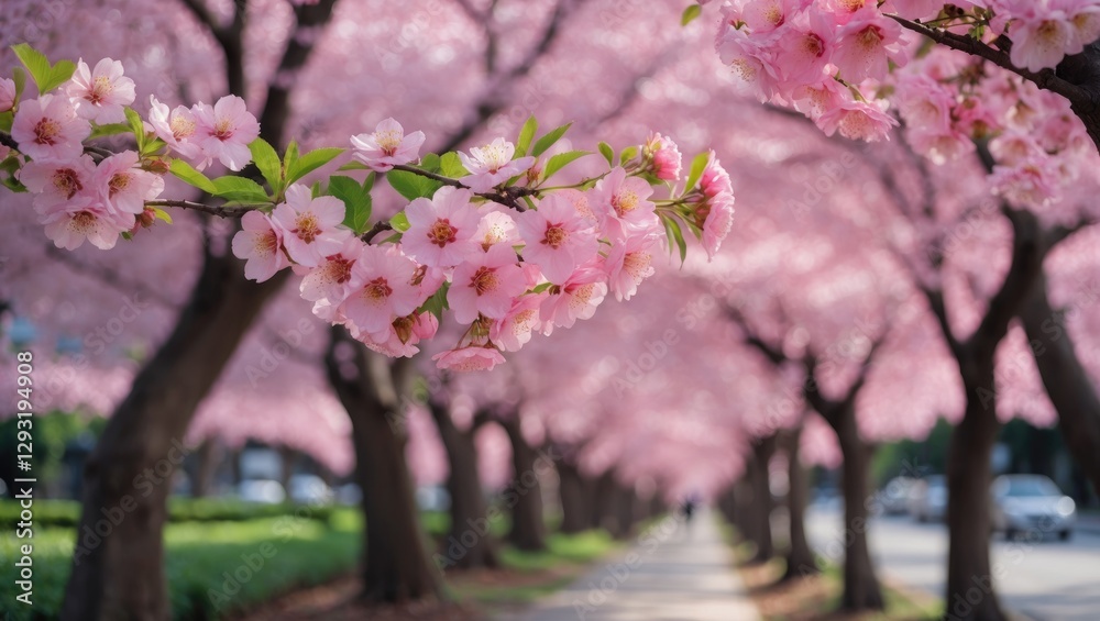 Fototapeta premium Blossoming pink sakura trees line a tranquil walkway in Thailand creating a picturesque spring scenery.