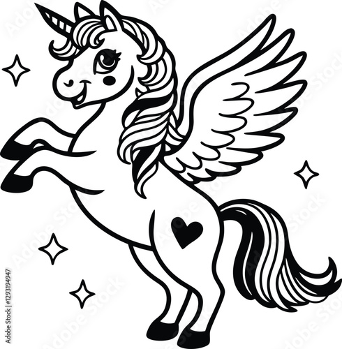 Cute cartoon unicorn Pegasus vector illustration line art silhouette
