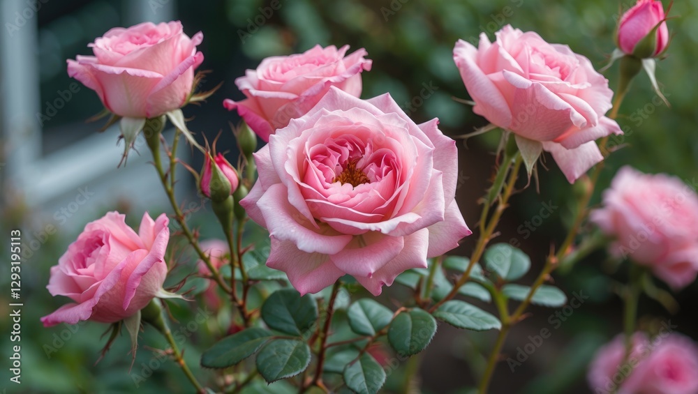 Delicate Pink Roses in Bloom Surrounded by Lush Greenery Perfect for Floral Backgrounds and Nature Inspired Designs. Delicate Pink Roses in Bloom Surrounded by Lush Greenery Perfect for Floral Backgrounds and Nature Inspired Designs.