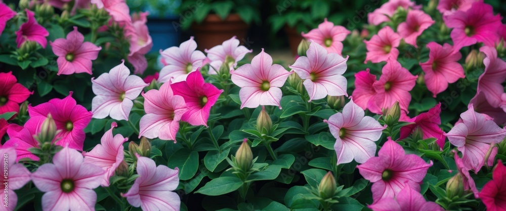 Vibrant pink and white petunia flowers blooming in a lush garden setting creating a serene and colorful atmosphere. Vibrant pink and white petunia flowers blooming in a lush garden setting creating a serene and colorful atmosphere.