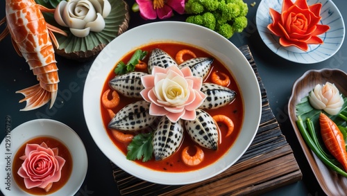 Steamed Spotted Babylon with Spicy Seafood Sauce and Artistic Vegetable Garnish Top View Culinary Presentation with Empty Text Space photo