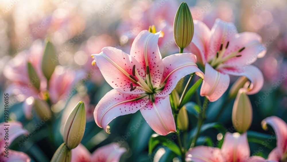Fototapeta premium Elegant Pink Lily in Soft Natural Light with Blurred Background and Space for Text or Branding