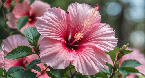 Wallpaper Mural Pink Hibiscus Flower Image Showcasing Ornamental Beauty With Herbal Properties Featuring Lush Green Leaves And Space For Text Addition Torontodigital.ca