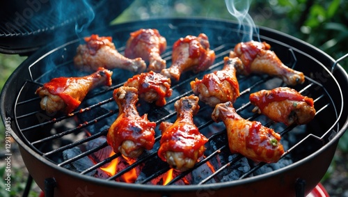 Wallpaper Mural Grilled Spicy Chicken Legs and Wings Marinated in Chili Sauce on a Portable Barbecue with Smoke and Flames Outdoors Torontodigital.ca