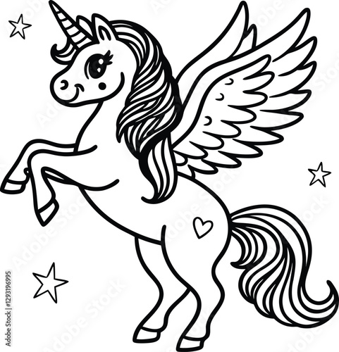 Cute cartoon unicorn Pegasus vector illustration line art silhouette
