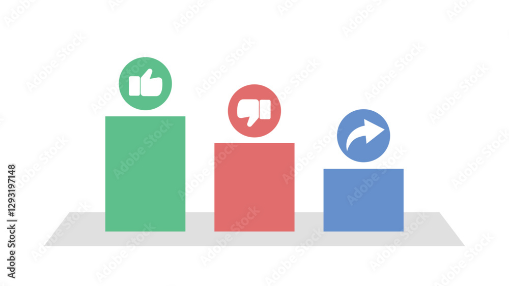 Bar chart with green, red, and blue bars representing social media engagement metrics: likes, dislikes, and shares, using thumbs up, thumbs down, and share icons Bar chart with green, red, and blue bars representing social media engagement metrics: likes, dislikes, and shares, using thumbs up, thumbs down, and share icons