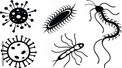 Various microorganism silhouettes in vector design, ideal for science, microbiology, and healthcare-themed artwork