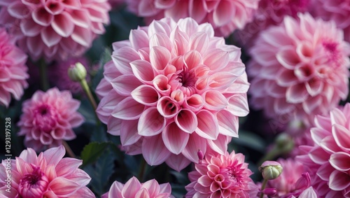 Delicate pink dahlias in full bloom showcasing intricate petal layers, vibrant floral arrangement in a lush garden setting.