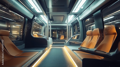 An empty bus interior with clean, new seats, designed for passenger comfort photo