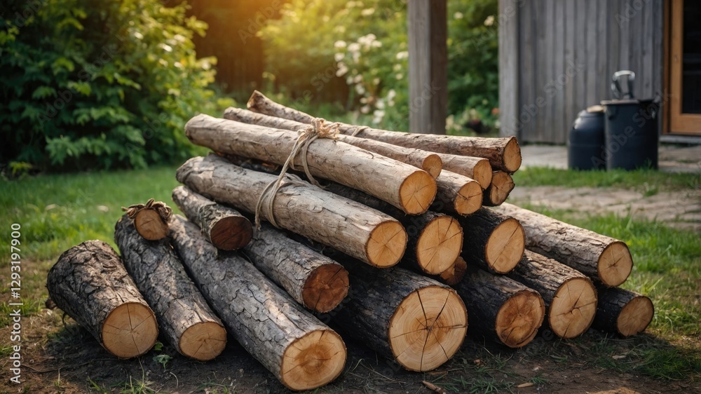 Wood Pile For Heating And Barbecue In Backyard Surrounded By Lush Greenery Under Soft Evening Light Wood Pile For Heating And Barbecue In Backyard Surrounded By Lush Greenery Under Soft Evening Light