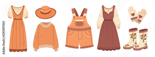 Vintage cottagecore clothing set. Garden summer cottage clothes, wear collection, dress, sweaters, hat, rubber boots, gloves, overalls. Vector illustration.