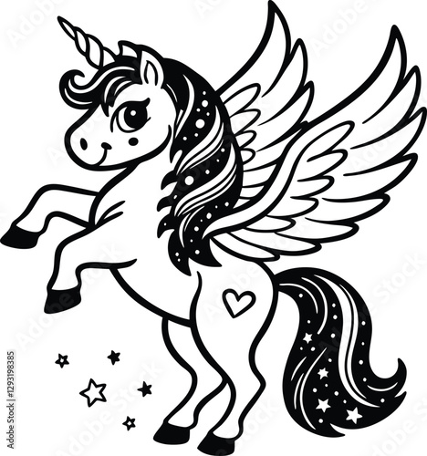 Cute cartoon unicorn Pegasus vector illustration line art silhouette