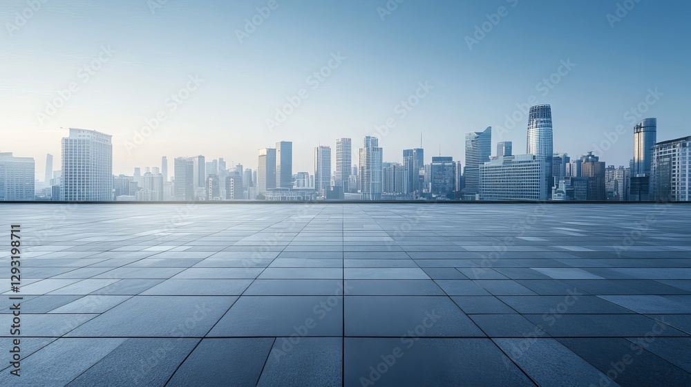 An empty square floor area with a city skyline and buildings in the background An empty square floor area with a city skyline and buildings in the background