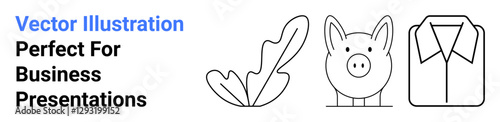 Leaf, piggy bank, and shirt in clean line art design. Ideal for finance, sustainability, business, eco-friendly initiatives, style savings plans formal attire. Great for flat landing page banner