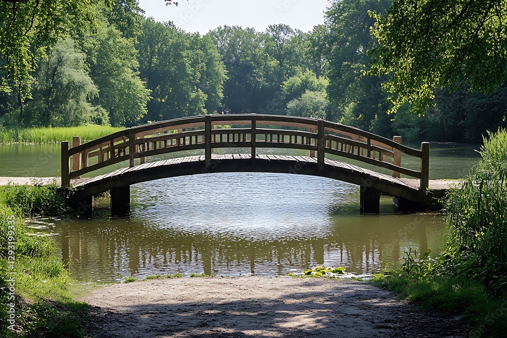A wooden bridge spans water amid a lovely green wooded landscape A wooden bridge spans water amid a lovely green wooded landscape