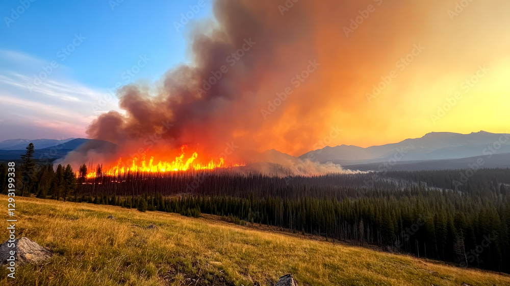 A dramatic wildfire blazes across a forested landscape, with thick smoke billowing into a vibrant sunset sky. A dramatic wildfire blazes across a forested landscape, with thick smoke billowing into a vibrant sunset sky.