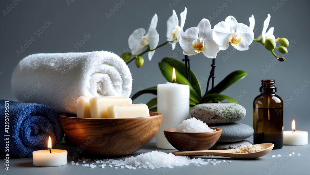 Spa essentials composition with rolled towels, natural soap, sea salt, candles, stones, and orchid flowers on a serene grey background. Spa essentials composition with rolled towels, natural soap, sea salt, candles, stones, and orchid flowers on a serene grey background.