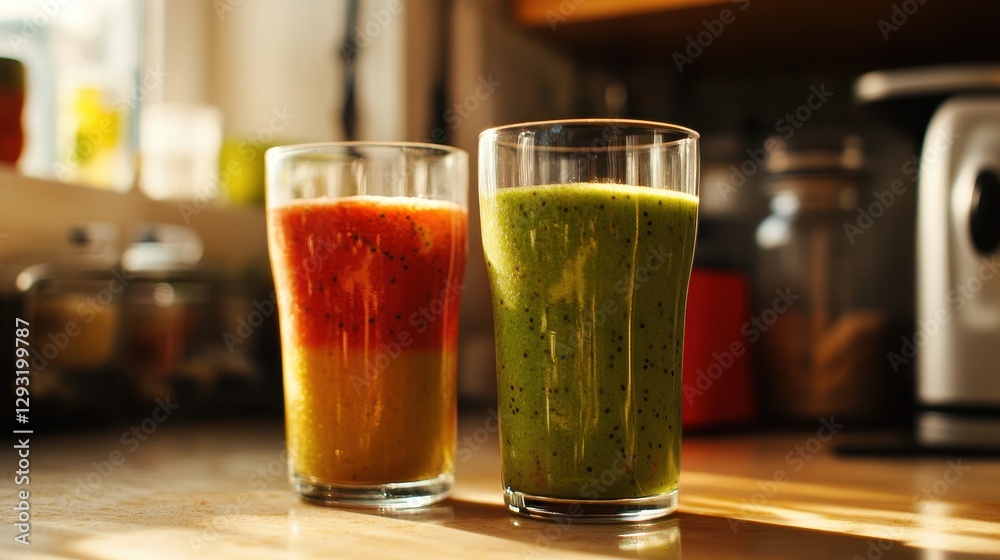 Refreshing Fruit and Vegetable Juices in Glasses on Kitchen Counter Refreshing Fruit and Vegetable Juices in Glasses on Kitchen Counter