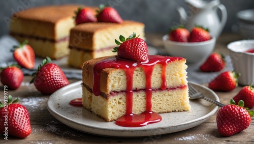 Delicious Sponge Cake Sliced and Topped with Fresh Strawberry Sauce and Berries on a Rustic Wooden Table Setting