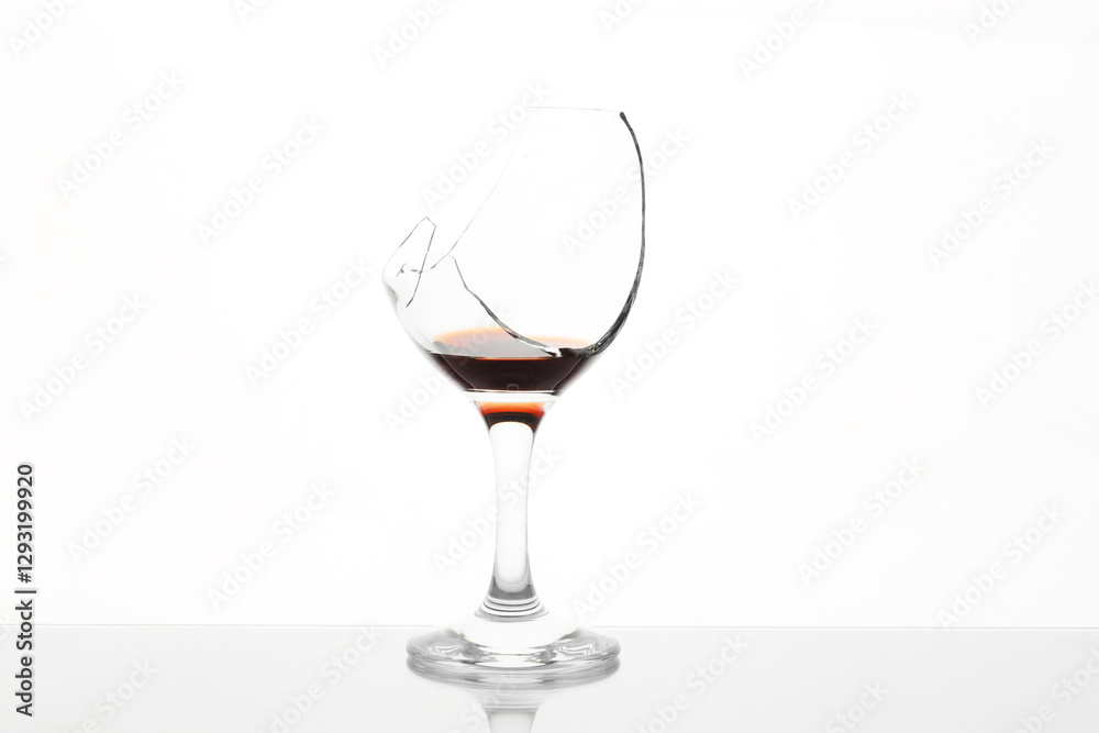 Broken glass with wine on table against white background Broken glass with wine on table against white background