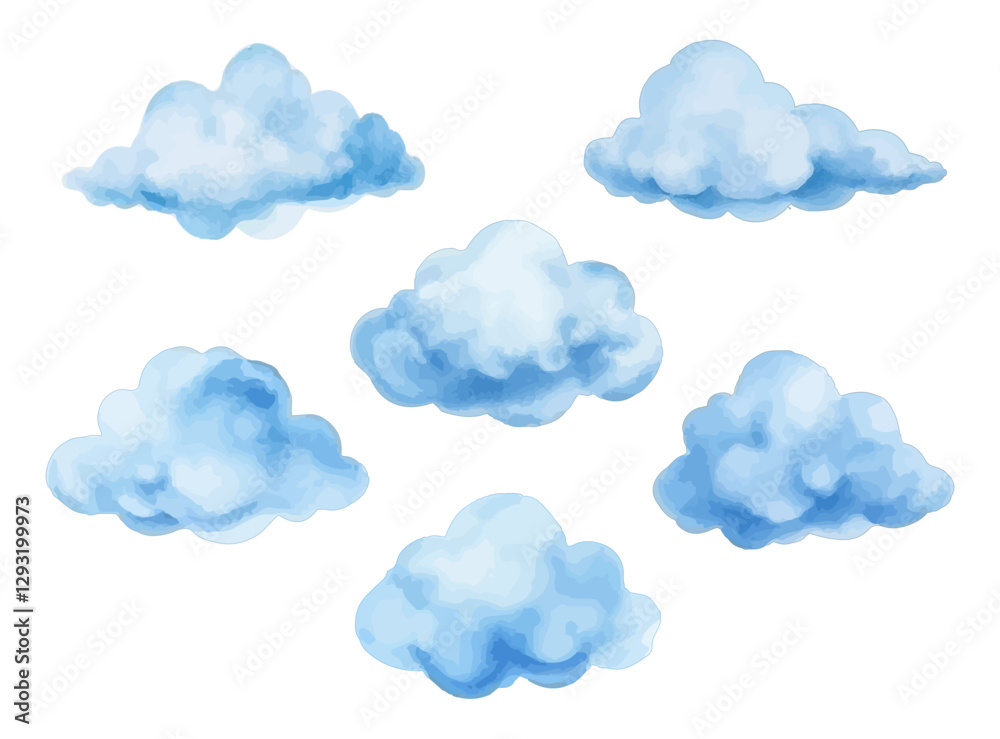 Watercolor clouds set in blue shades. Hand-painted fluffy sky elements transparent PNG. Children’s illustrations, fantasy art, dreamy sky, and weather-themed design vector.