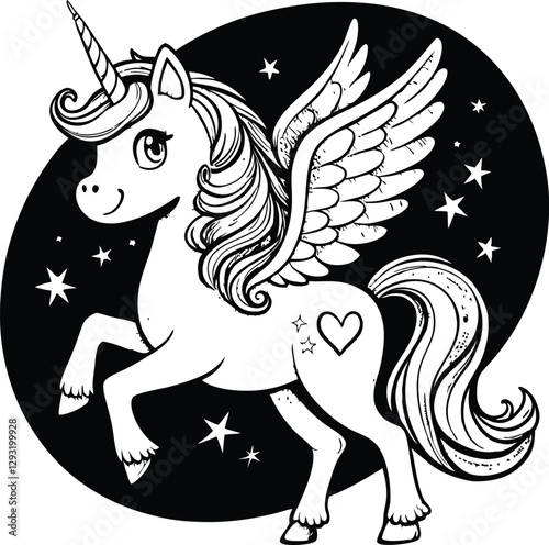 Cute cartoon unicorn Pegasus vector illustration line art silhouette