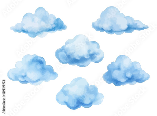 Watercolor clouds set in blue shades. Hand-painted fluffy sky elements transparent PNG. Children’s illustrations, fantasy art, dreamy sky, and weather-themed design vector.