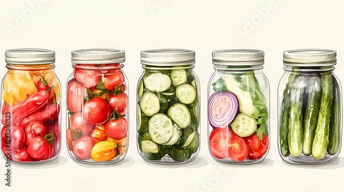 Assorted pickled vegetables in a traditional setting, featuring cucumbers, carrots, peppers, and cabbage in rustic containers, showcasing homemade preservation, vintage poster style