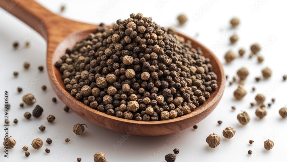 Black peppercorns piled in a wooden spoon with scattered peppercorns on a white background, highlighting culinary ingredients and spices. Black peppercorns piled in a wooden spoon with scattered peppercorns on a white background, highlighting culinary ingredients and spices.