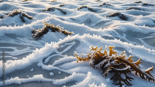 Fototapeta Naklejka Na Ścianę i Meble -  Frosty beach landscape with snow-covered sand and seaweed near the Baltic Sea in January showcasing intricate natural patterns.