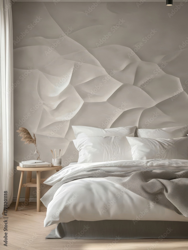 A minimalist bedroom design with a texture patterned wall A minimalist bedroom design with a texture patterned wall