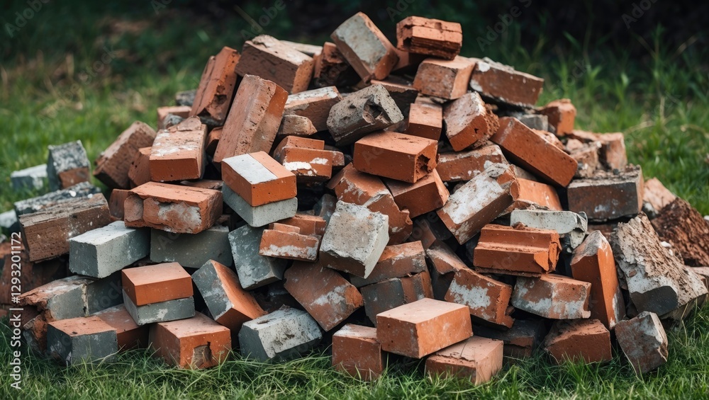 stack of assorted old bricks scattered on grass in a construction site or yard background with earthy tones and textured surfaces stack of assorted old bricks scattered on grass in a construction site or yard background with earthy tones and textured surfaces