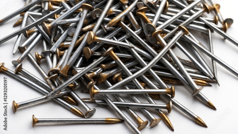 Metal nails stacked in a random pile on a white background showcasing their design and texture ideal for construction and DIY projects. Metal nails stacked in a random pile on a white background showcasing their design and texture ideal for construction and DIY projects.