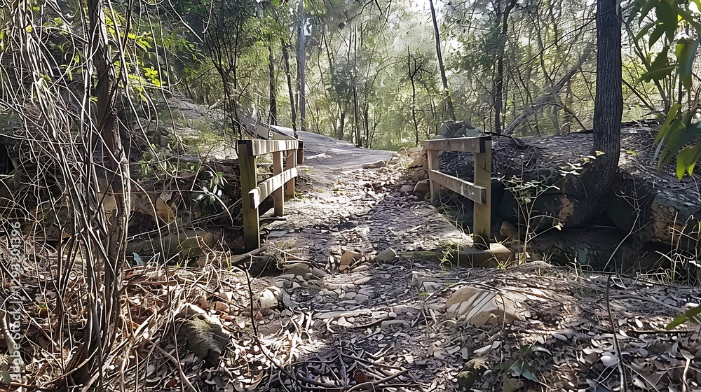 Serene Hiking Trail with Wooden Bridge Surrounded by Lush Green Forest Nature Scene Serene Hiking Trail with Wooden Bridge Surrounded by Lush Green Forest Nature Scene