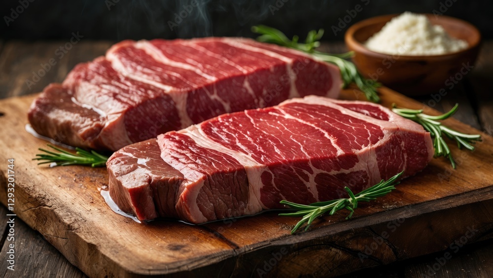 Freshly cut beef steaks on a wooden board garnished with rosemary and accompanied by a bowl of seasoning. Perfect for culinary presentations. Freshly cut beef steaks on a wooden board garnished with rosemary and accompanied by a bowl of seasoning. Perfect for culinary presentations.