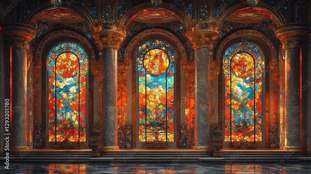 Radiant stained glass windows illuminate grand hall warm autumnal hues. AI Generated