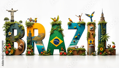 Colorful word 'Brazil' representing culture and landmarks, vibrant art