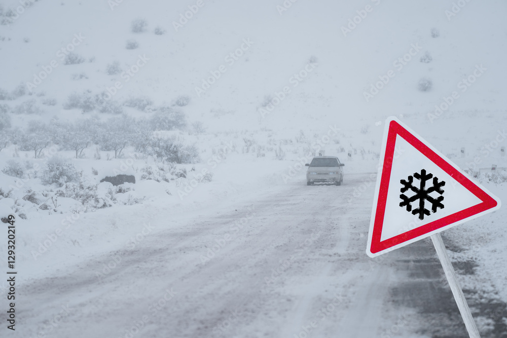 Warning Sign for First Snow and Driving in Fog with Reduced Visibility and Slippery Roads. Warning Sign for First Snow and Driving in Fog with Reduced Visibility and Slippery Roads.